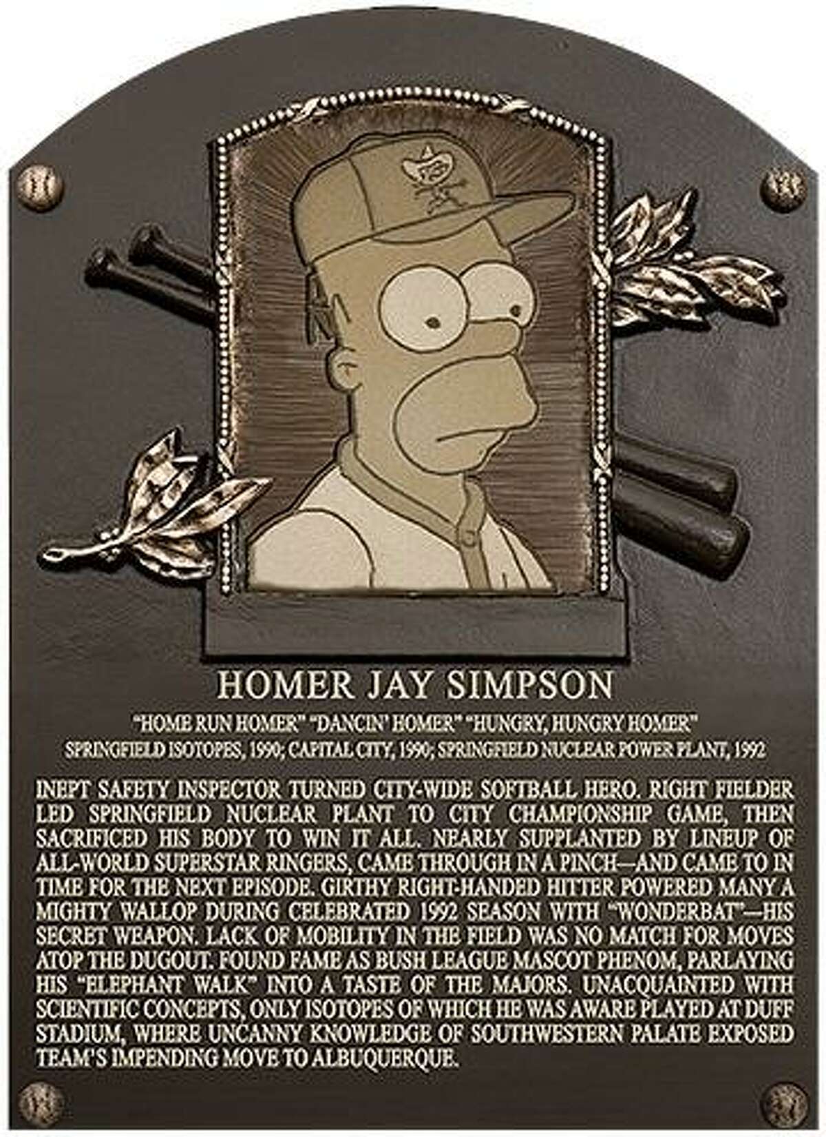 A commemorative plaque celebrating the 25th anniversary of the episode “Homer at the Bat.”