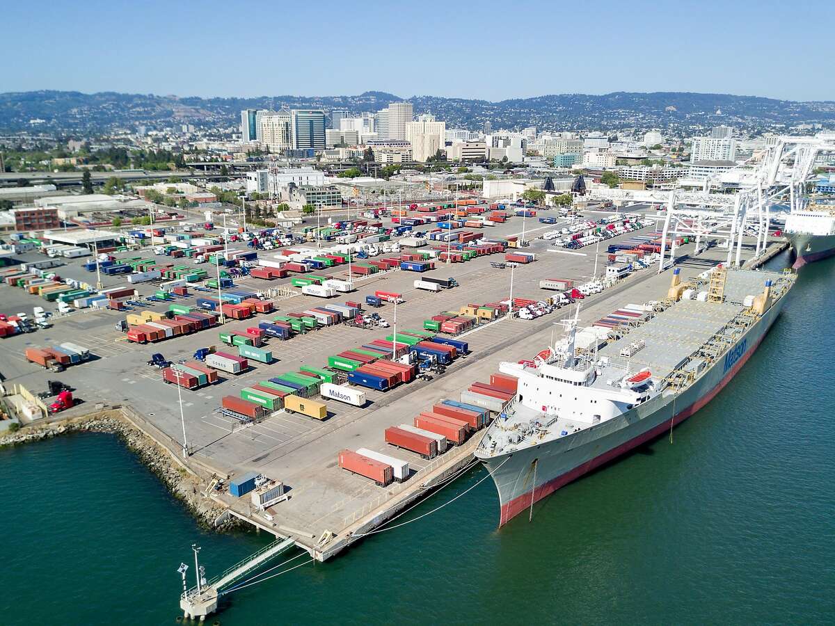 A ship docks at the Howard Terminal, one of the sites under consideration for a new Oakland Athletics baseball stadium, on Saturday, May 27, 2017, in Oakland, Calif.