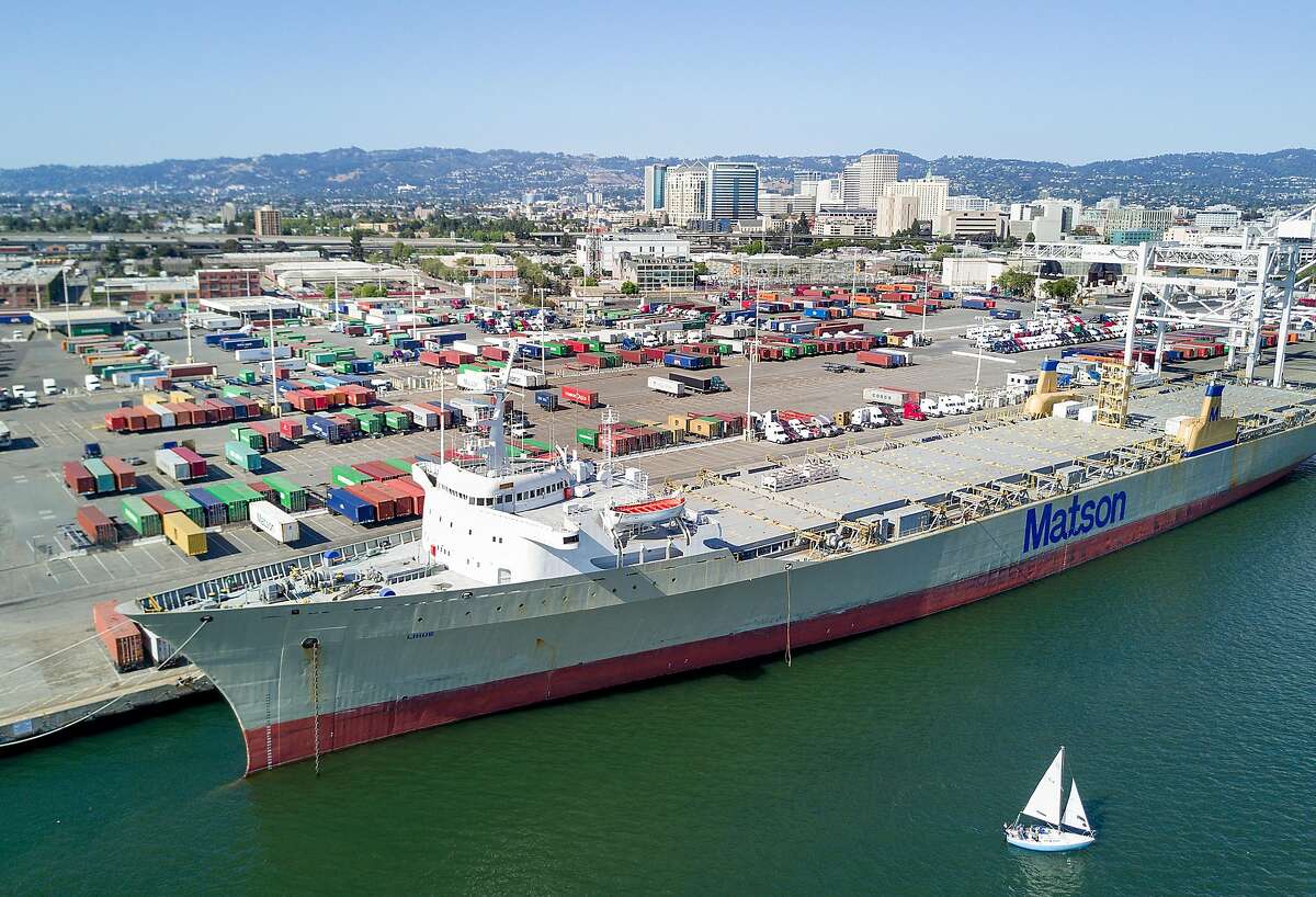 A ship docks at the Howard Terminal, one of the sites under consideration for a new Oakland Athletics baseball stadium, on Saturday, May 27, 2017, in Oakland, Calif.