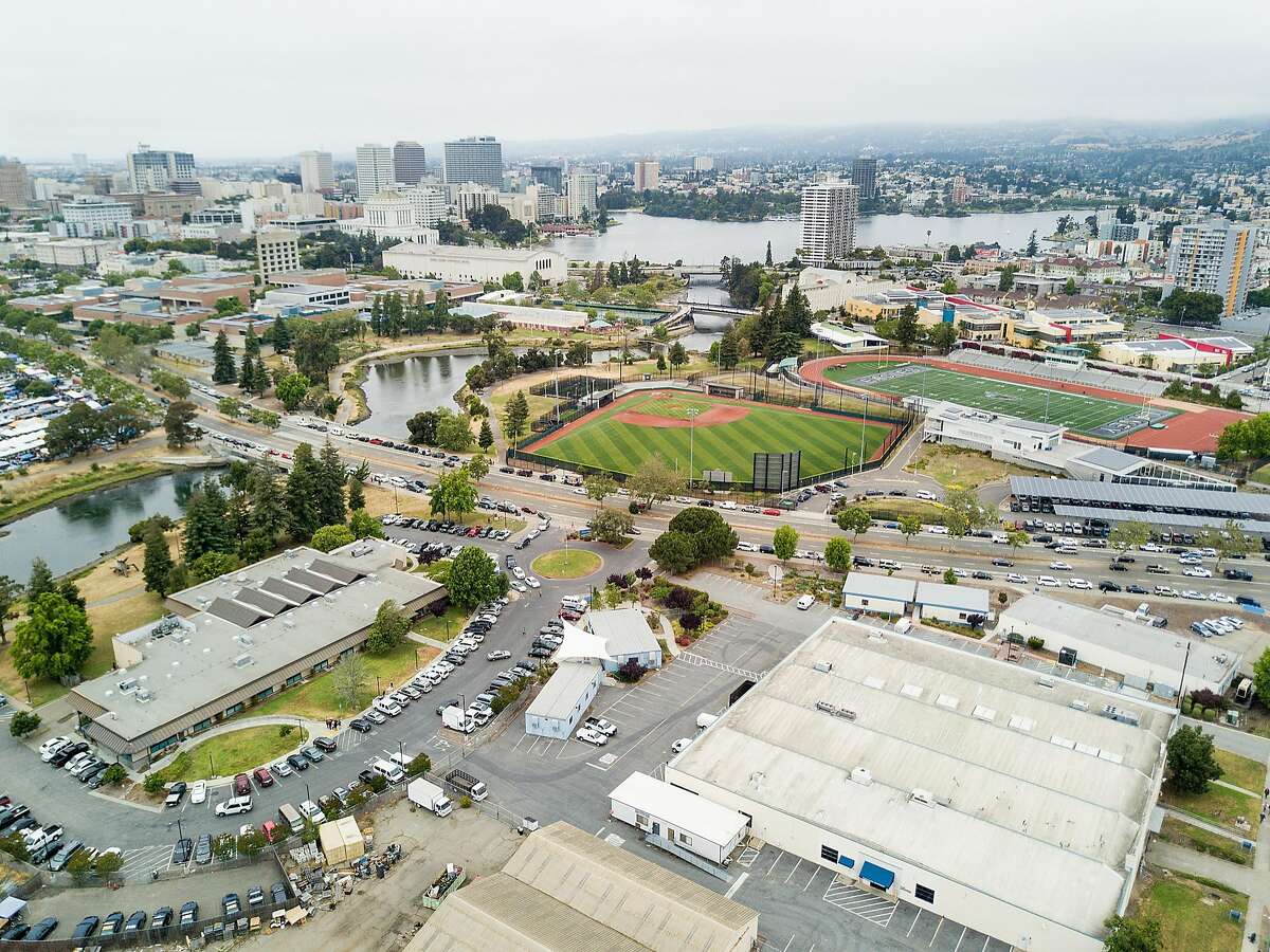 Buildings line the Peralta Community College District offices, one of the sites under consideration for a new Oakland Athletics stadium, on Sunday, May 28, 2017, in Oakland, Calif.