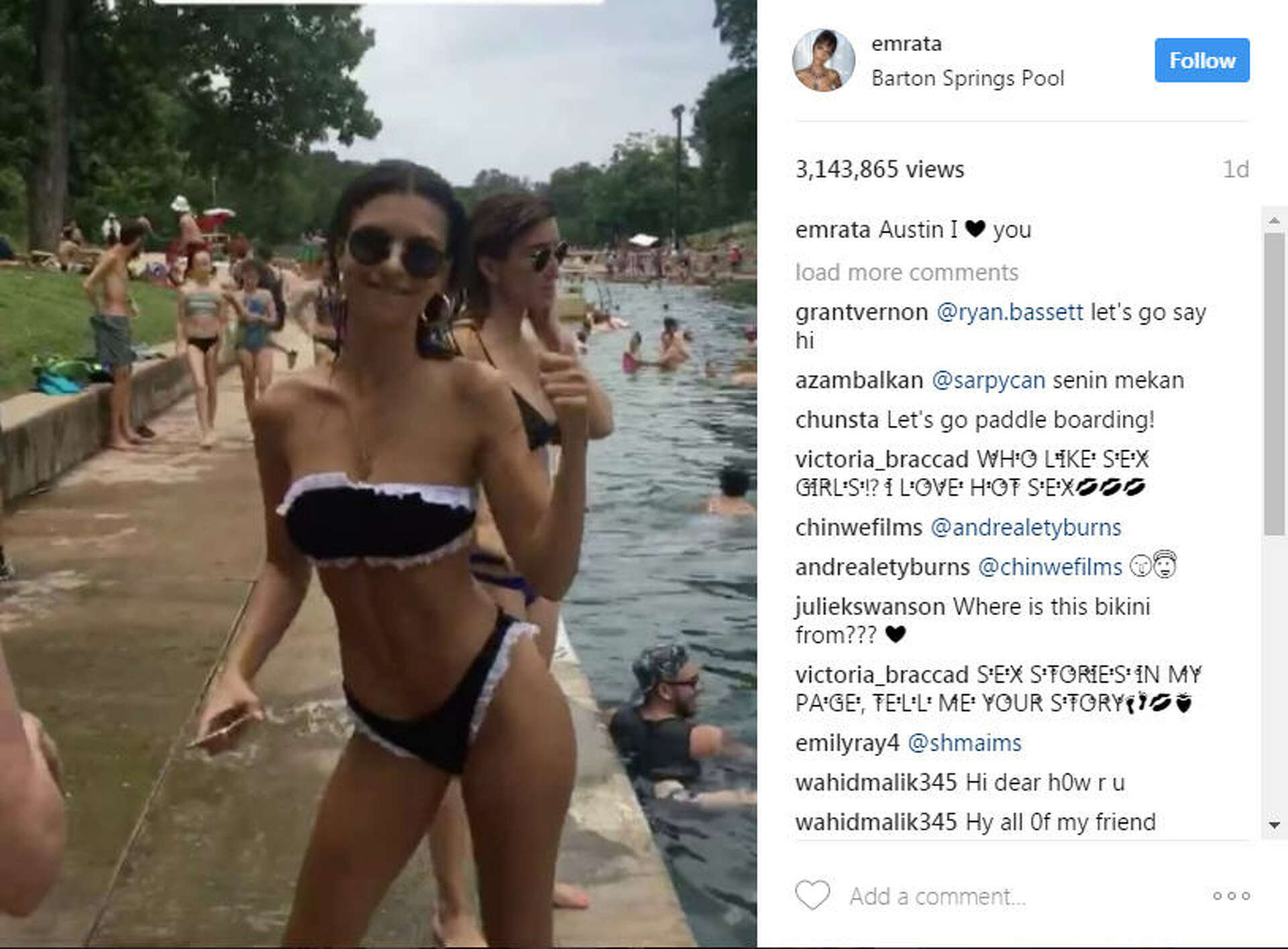 Emily Ratajkowski takes a dip in Barton Springs over Memorial Day weekend