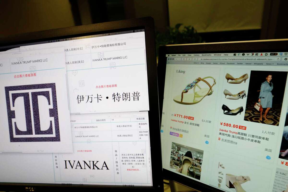 FILE - In this file photo taken Friday, April 21, 2017, Trademark applications from Ivanka Trump Marks LLC images taken off the website of China's trademark database are displayed next to a Chinese online shopping website selling purported Ivanka Trump branded footwear on computer screens in Beijing, China. Three men investigating a company in China that produces Ivanka Trump brand shoes are missing, according to Li Qiang who runs China Labor Watch, a New York-based labor rights group that was planning to publish a report in June, 2017, about low pay, excessive overtime and the possible misuse of student interns at one of the company's factories. (AP Photo/Ng Han Guan, File)