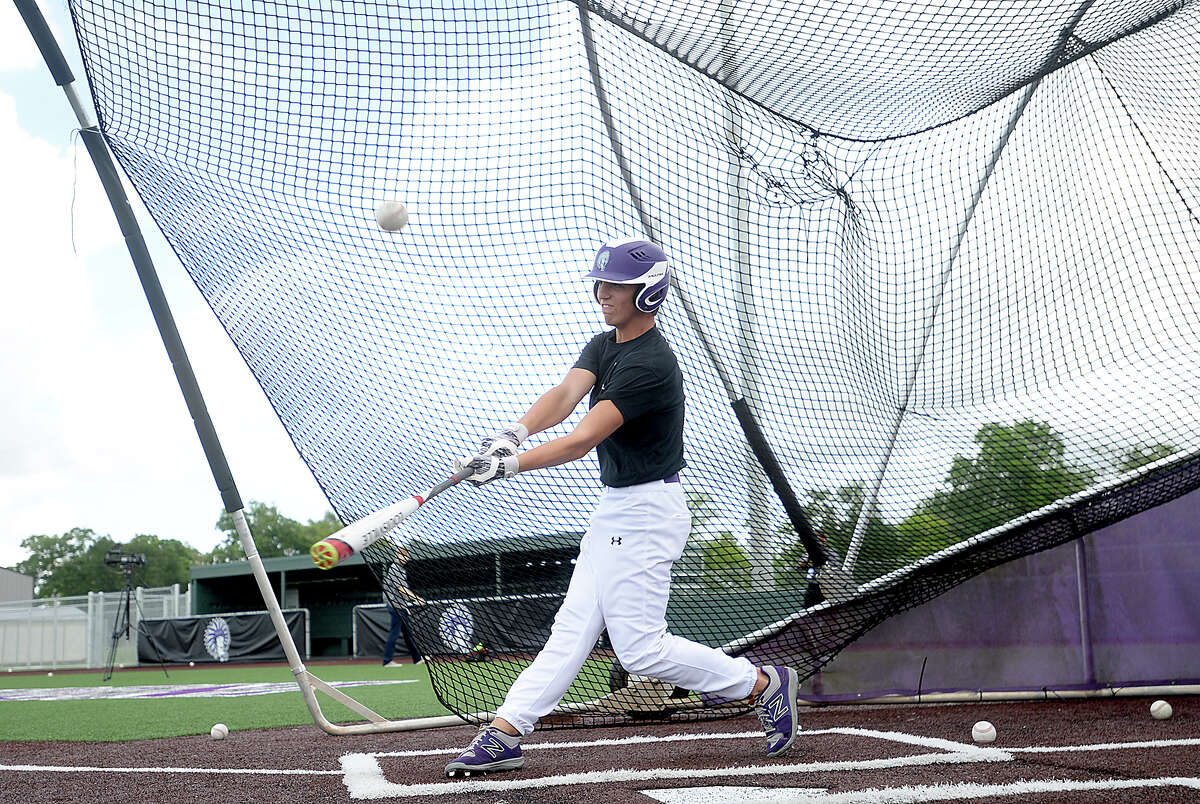 Port Neches - Groves' Carson Roccaforte takes a turn in the batting cage as the Indians get in a final practice in preparation for today's Class 5A Regional Final against Brenham in Huntsville. Photo taken Tuesday, May 30, 2017 Kim Brent/The Enterprise