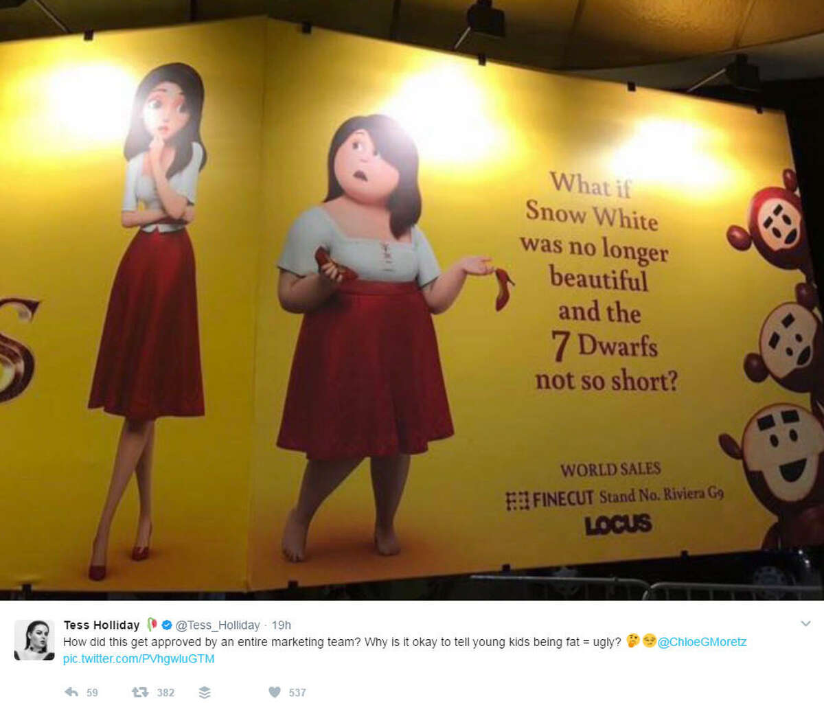 Actress Chloe Moretz in facing a Twitter storm after plus-sized model, Tess Holliday, posted a picture of Moretz's promotional poster for the her new animated take on "Snow White," claiming it is body-shaming women.Photo: Tess Holliday Twitter >>KEEP CLICKING TO SEE OTHER PLUS-SIZED MODELS YOU SHOULD KNOW.