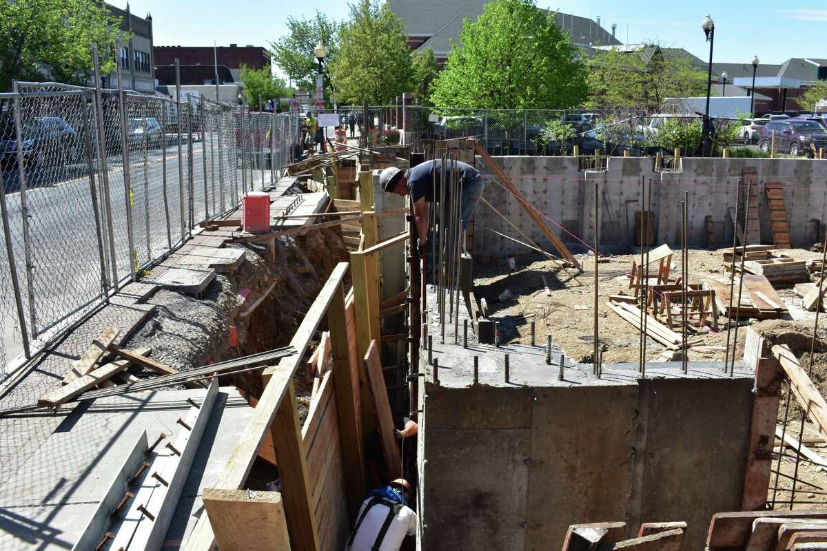 A construction crew at work in early May 2017 at the site of a planned Residence Inn by Marriott for South Main Street in Norwalk, Conn.