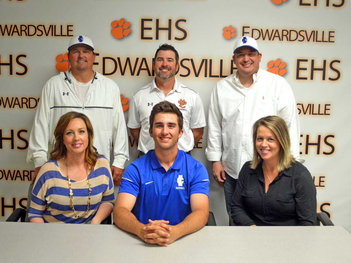 Edwardsviille senior Tyler Lewis will play baseball for Illinois College. In the front row, from left to right, are mother DeAnn Cromer, Tyler Lewis and stepmother Gail Lewis. In the back row, from left to right, are stepfather Jim Cromer, EHS coach Tim Funkhouser and father Scott Lewis.