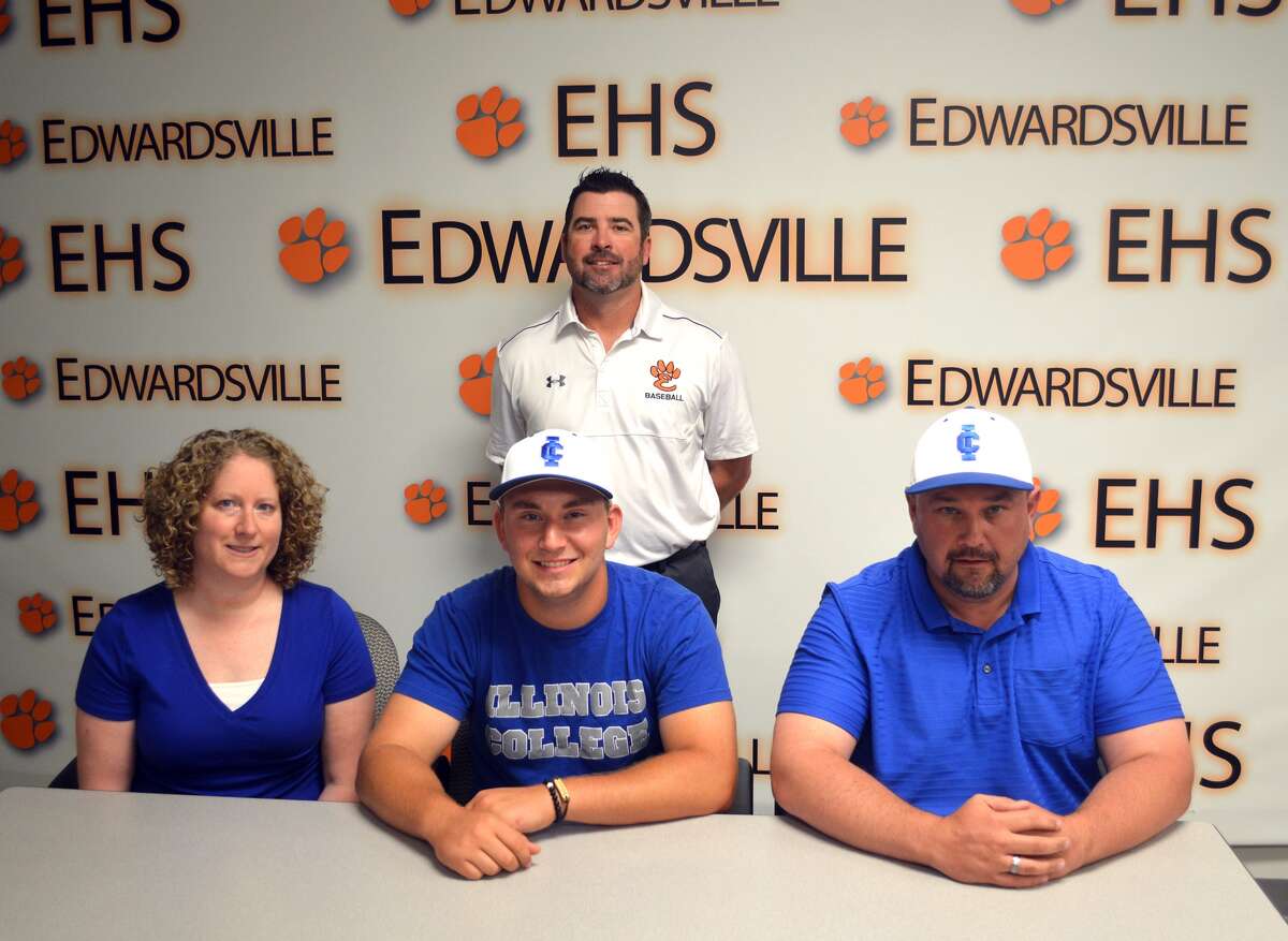 Edwardsville senior Daniel Reed will play baseball at Illinois College. In the front row, from left to right, are mother Melissa Reed, Daniel Reed and father David Reed. Looking on in the back row is EHS coach Tim Funkhouser.