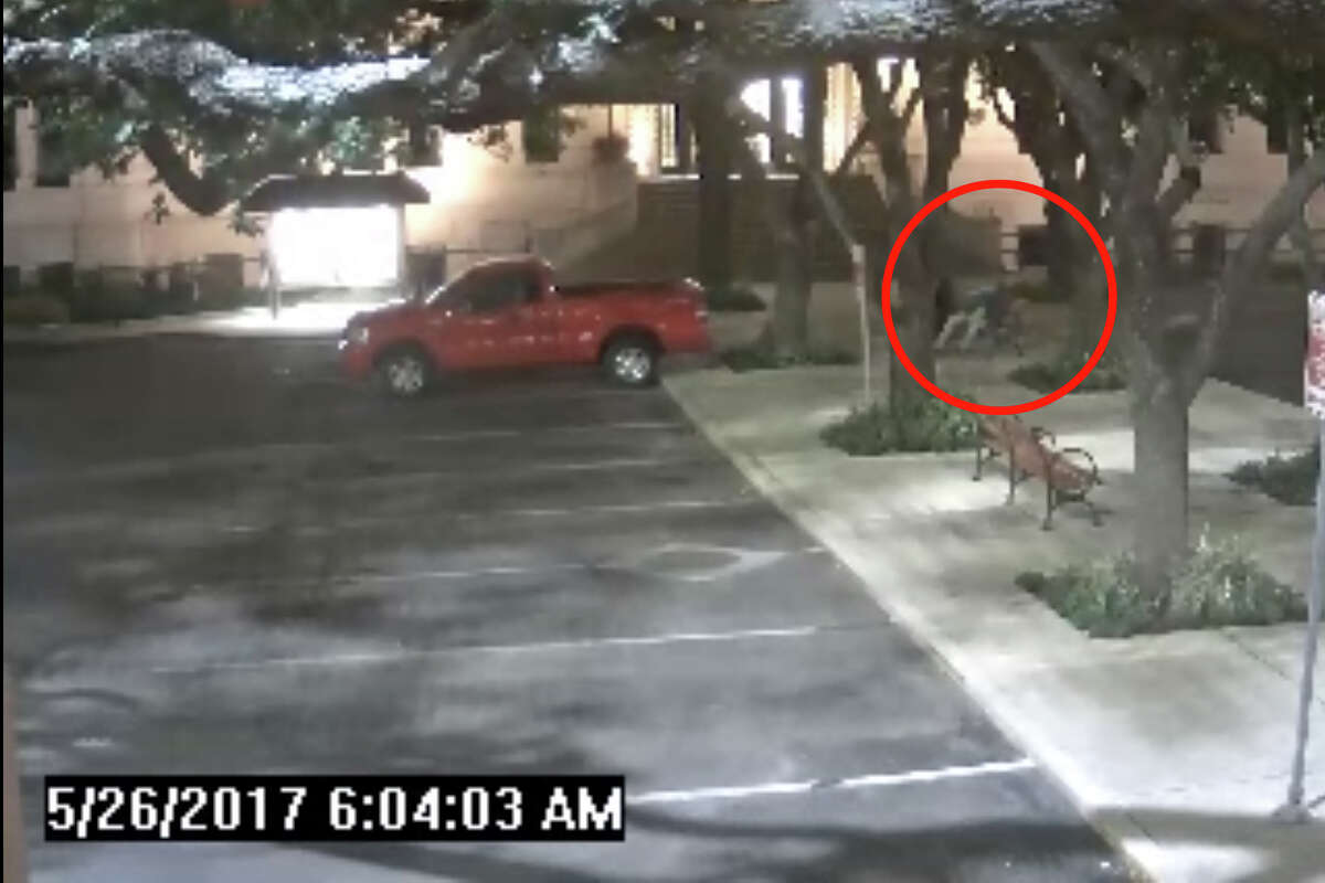 Surveillance footage shows San Antonio District 2 Councilman Alan Warrick sleeping on a bench outside of city hall on May 26, 2017, after a night of drinking.