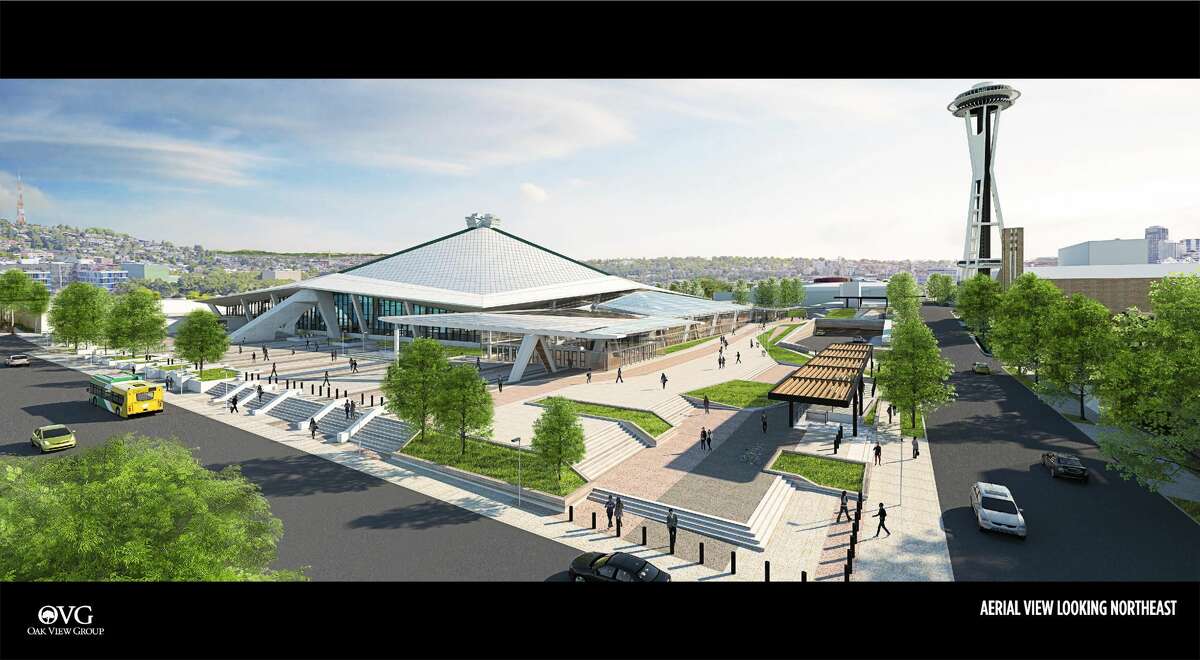 A rendering of the redesigned pedestrian plaza outside Oak View Group's proposed New Arena at Seattle Center. An above-ground parking garage that was part of the arena's original design was scrapped in May 2017.