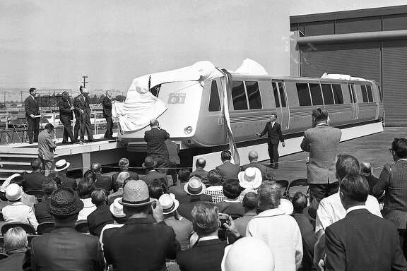 June 22, 1965: Bay Area Rapid Transit officials unveil BART's first model car - which toured around the Bay Area in 1965.