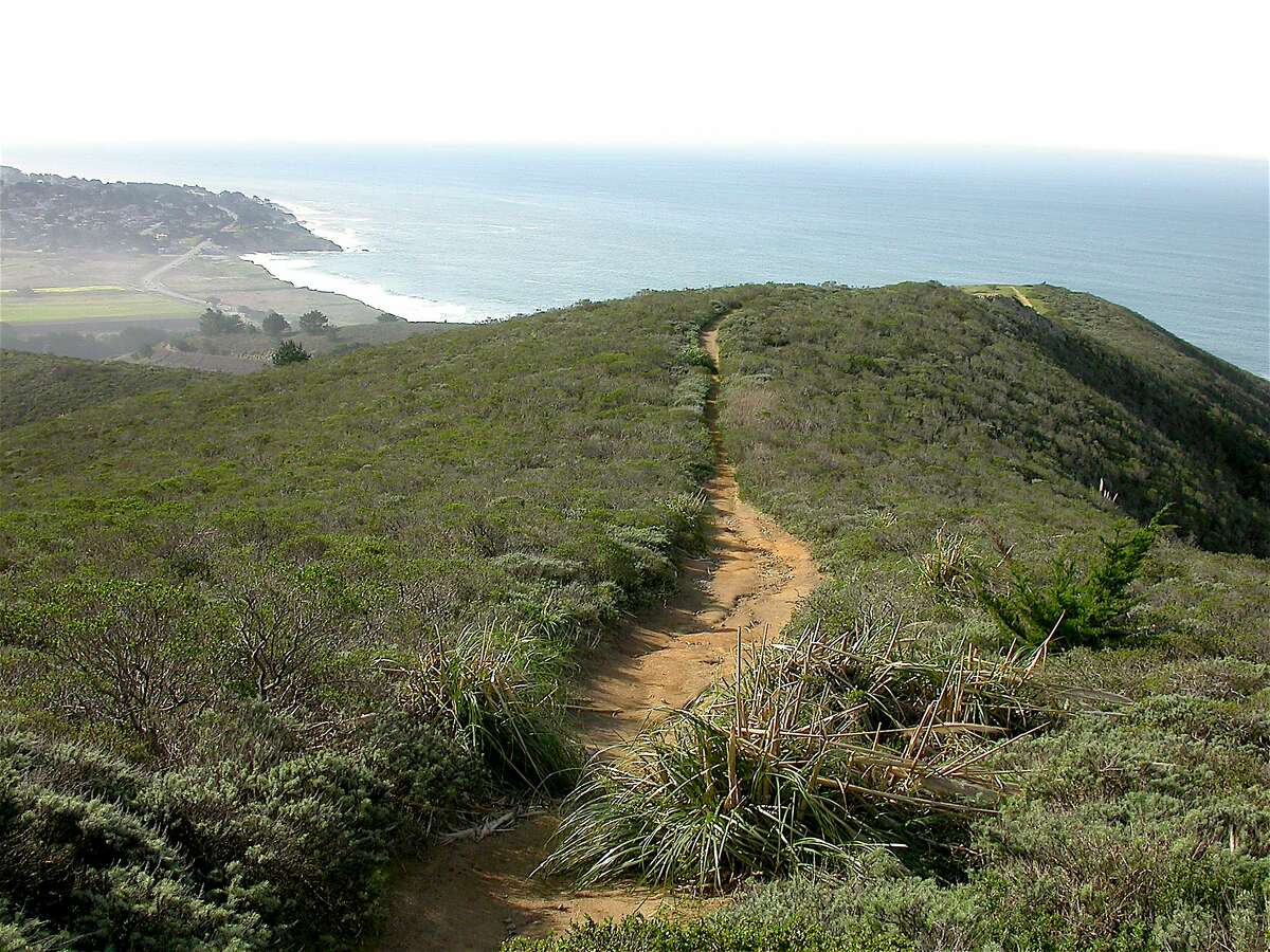 A trail from Gray Whale Cove on the San Mateo County Coast leads up to a nearby ridge for a beautiful ocean view.