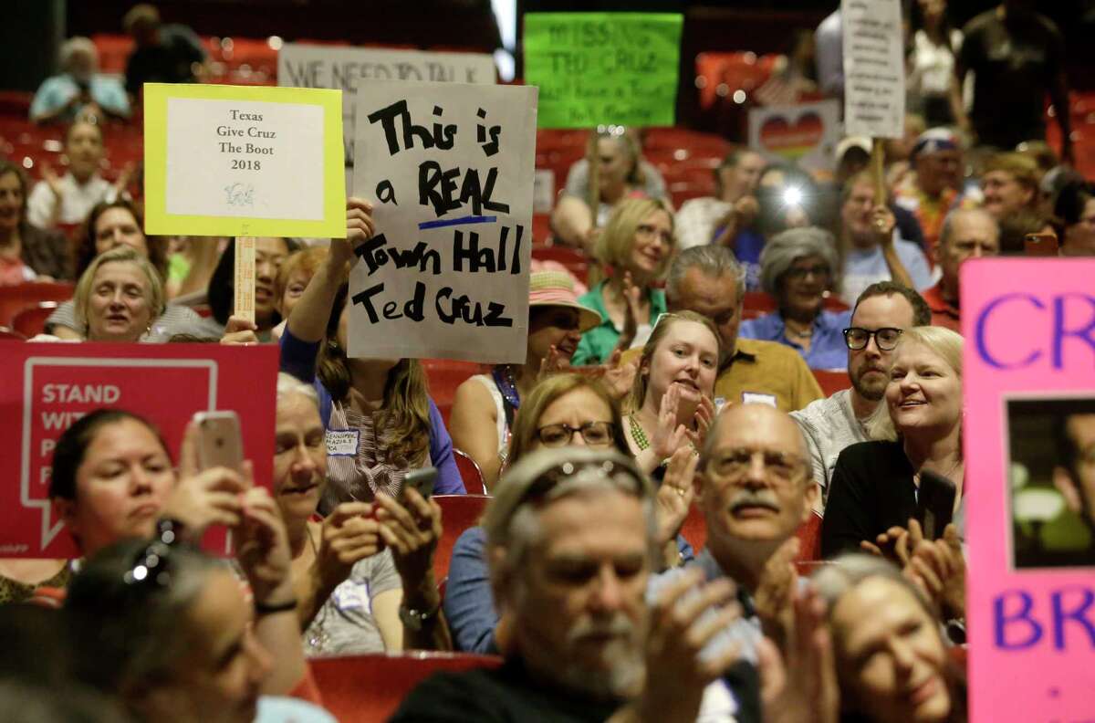 People participate in the Ted Cruz is Missing Town Hall held at the Texas Southern University Sawyer Auditorium on April 15, 2017, in Houston.The event was sponsored by a broad coalition of Houston progressive groups. (Melissa Phillip / Houston Chronicle )