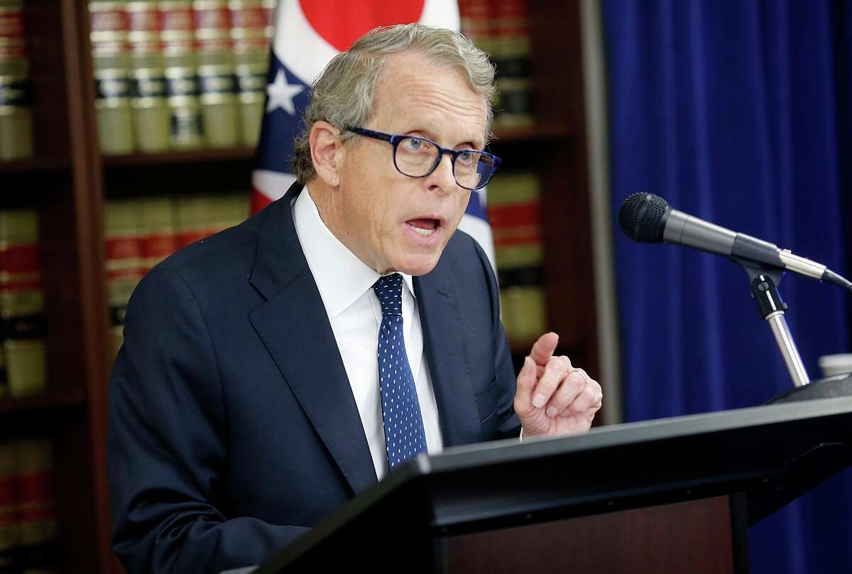 Ohio Attorney General Mike DeWine speaks during a news conference at the Attorney General's office in Columbus, Ohio on May 31, 2017. The Ohio Attorney General sued five drugmakers for their alleged role perpetrating the state's addictions epidemic, accusing the companies of intentionally misleading patients about the dangers of painkillers and promoting benefits of the drugs not backed by science. (Brooke LaValley/The Columbus Dispatch via AP)