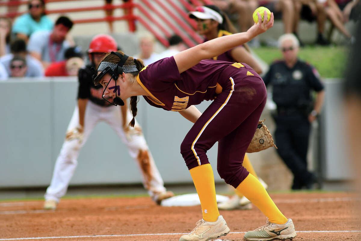 Deer Park senior pitcher Erin Edmoundson works to junior catcher Ash Wade in the bottom of the first inning against Katy during game two of their Class 6A Region III final series at Cougar Softball Stadium on the campus of the University of Houston on Friday, May 26, 2017. (Photo by Jerry Baker/Freelance)
