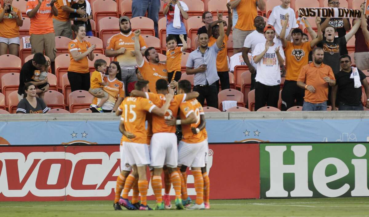 Houston Dynamo players and fans celebrating a goal by Houston Dynamo forward Mauro Manotas (19) during the first half of the game at BBVA Compass Stadium Wednesday, May 31, 2017, in Houston. ( Yi-Chin Lee / Houston Chronicle )