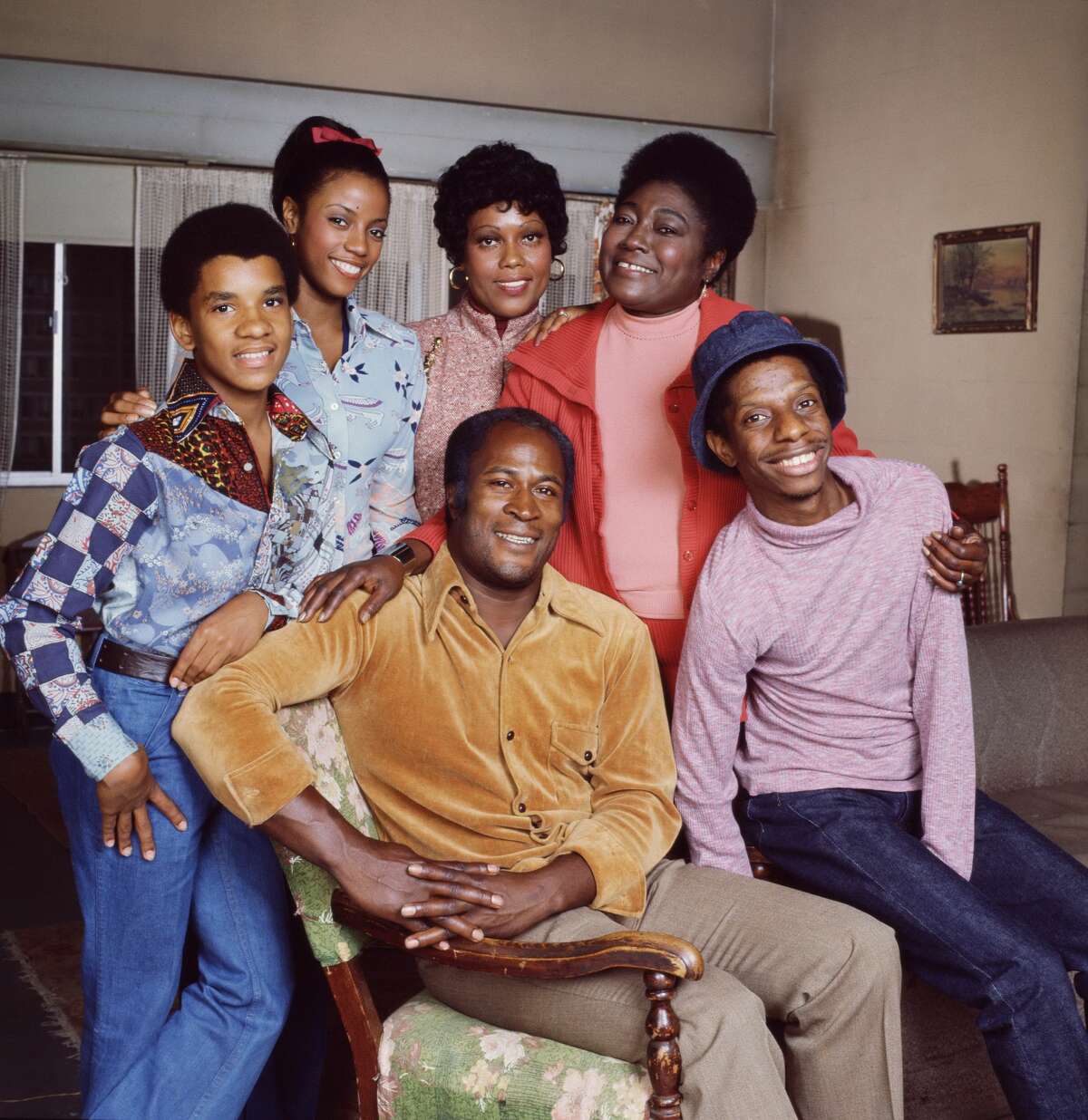 (Front row) John Amos and Jimmie Walker; (back row) Ralph Carter, BernNadette Stanis, Ja'net DuBois and Esther Rolle, "Good Times" Years active: 1974-79 Highest Nielsen rating: No. 7