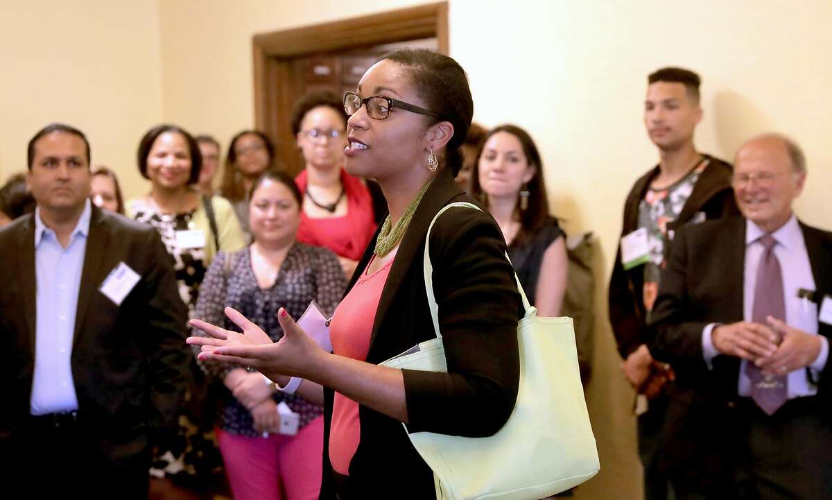 Oakland Unified School District Superintendent elect Kyla Johnson-Trammel addresses the VIP's gathered to thank them for their support of the Oakland Promise Program during an awards ceremony at the Scottish Rite Temple in Oakland, Ca., on Wednesday May 31, 2017. 400 students are set to head to college with money provided by the Oakland Promise Program and the East Bay College Fund.