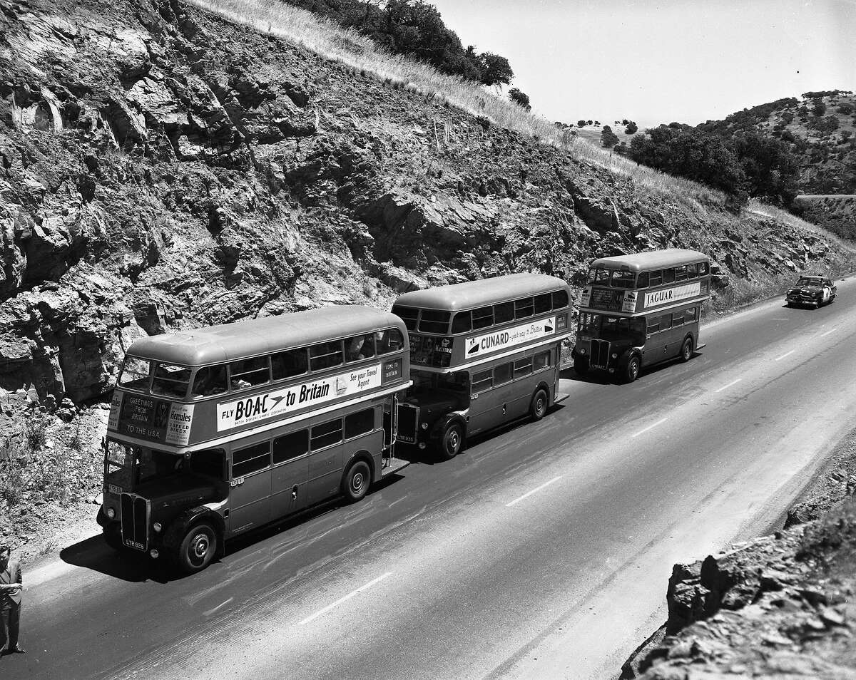 London double-decker buses on a tour of the United States to promote tourism to Great Britain