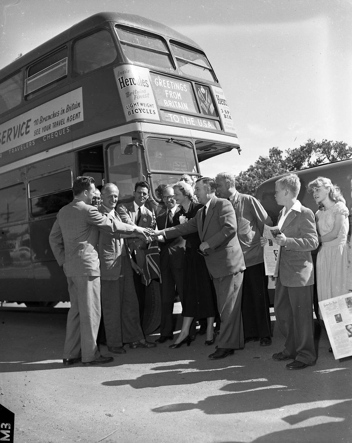 London double-decker buses on a tour of the United States to promote tourism to Great Britain