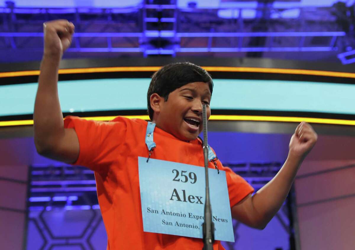 Alex Iyer, 14, from San Antonio, Texas, reacts after spelling his word correctly during the 90th Scripps National Spelling Bee, Thursday, June 1, 2017, in Oxon Hill, Md. (AP Photo/Alex Brandon)