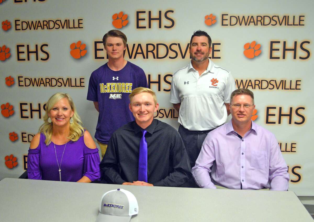 Edwardsville senior Andrew Yancik will play baseball at McKendree University. In the front row, from left to right, are mother Jo Marie Yancik, Andrew Yancik and father Dave Yancik. In the back row, from left to right, are brother Jonathon Yancik and EHS coach Tim Funkhouser.