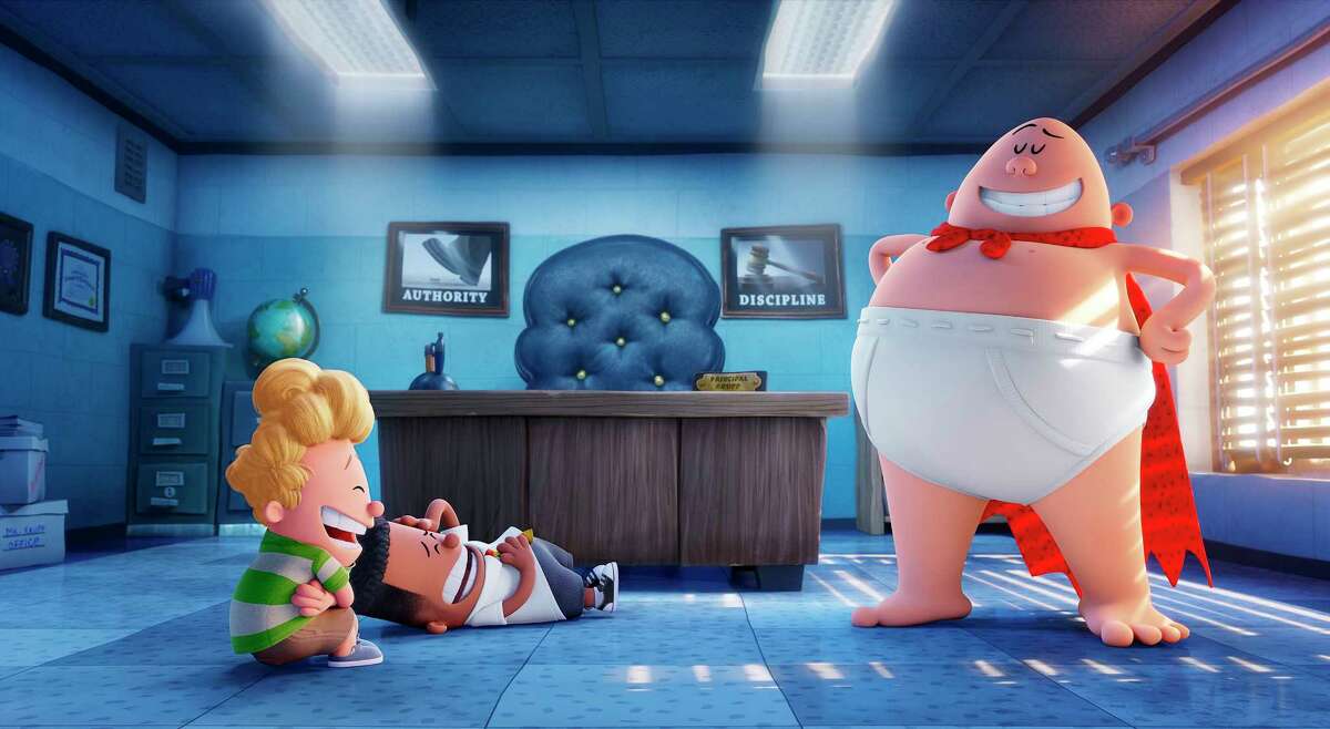 From left, Harold (voiced by Thomas Middleditch), George (Kevin Hart) and Captain Underpants (Ed Helms) get into some mischief in "Captain Underpants: The First Epic Movie."