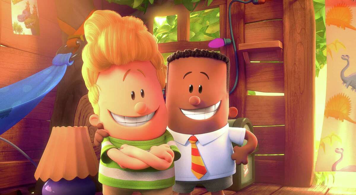This image released by DreamWorks Animation shows Harold, voiced by Thomas Middleditch, left, and George, voiced by Kevin Hart in a scene from "Captain Underpants: The First Epic Movie." (DreamWorks Animation via AP)