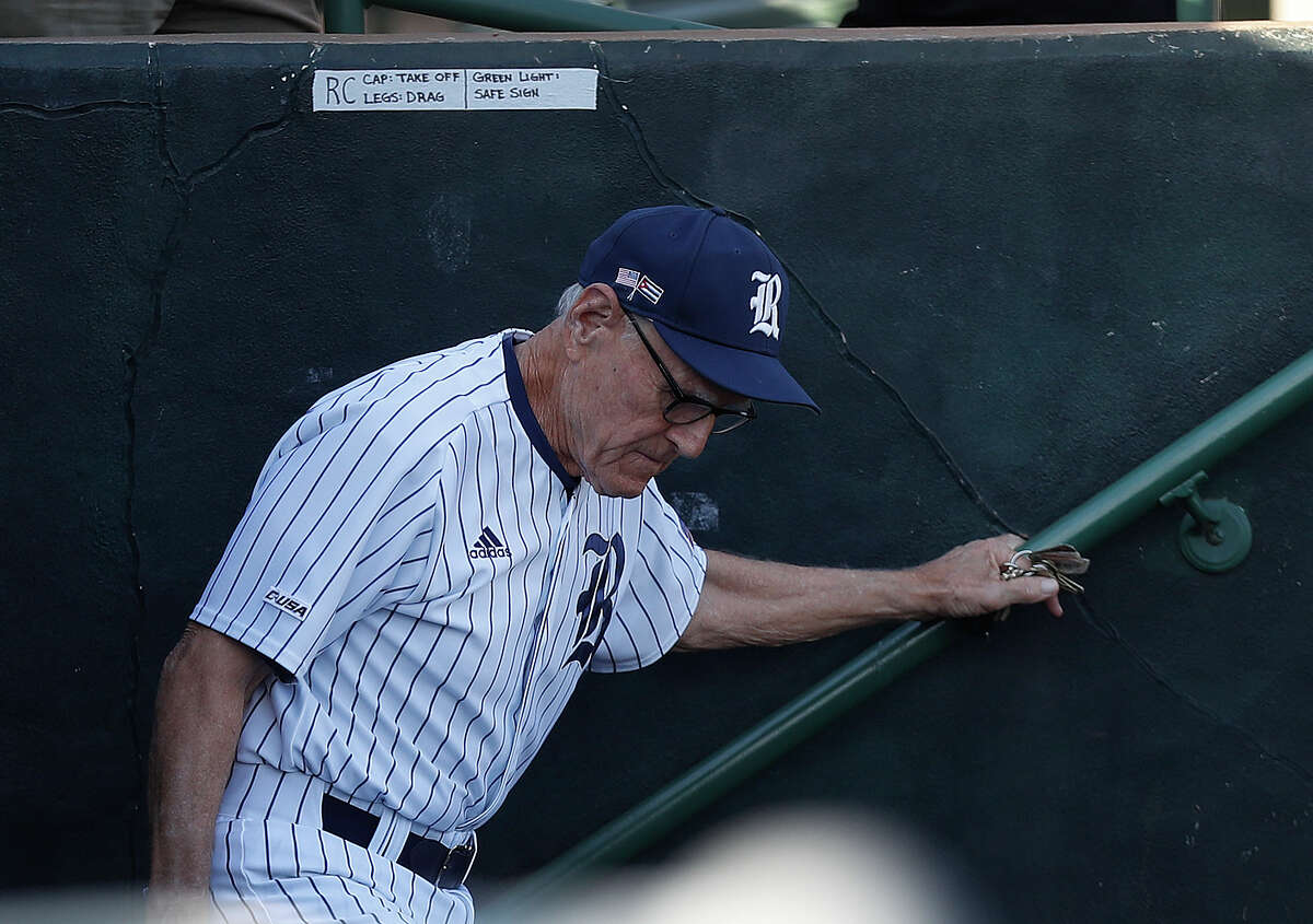 Rice Owls head coach Wayne Graham in the dugout before the start of a college baseball game at Reckling Park, Tuesday, May 16, 2017, in Houston. ( Karen Warren / Houston Chronicle )