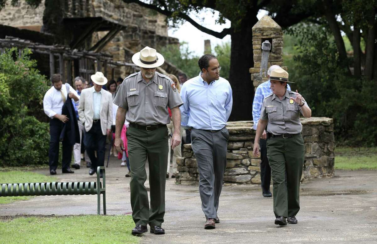 U.S. Rep. Will Hurd, R-Helotes, center, tours Mission San Jose with San Antonio Missions Chief of Maintenance David Vekas, left, and Superintendent Mardi Arce, Thursday, June 1, 2017. Hurd is one of the sponsors of the National Park Service Legacy Act, which aims is to "jumpstart overdue maintenance," at national parks, including the Mission system in San Antonio.