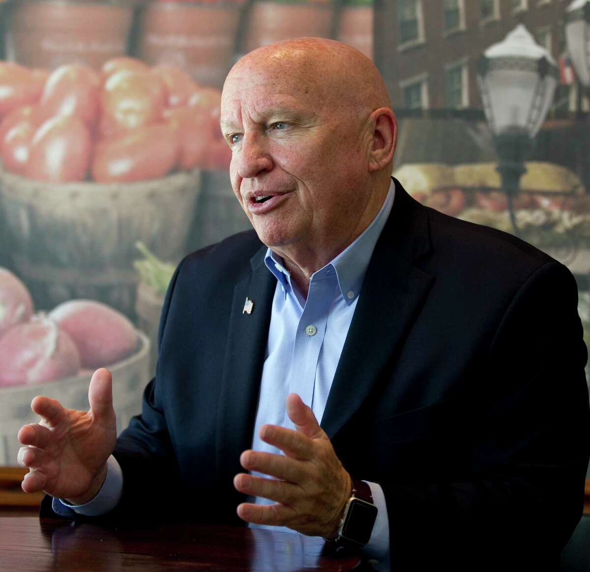 U.S. Rep. Kevin Brady, R-The Woodlands, talks with a reporter at Corner Bakery, Tuesday, May 30, 2017, in The Woodlands. Brady is also chairman of the House Ways and Means Committee.