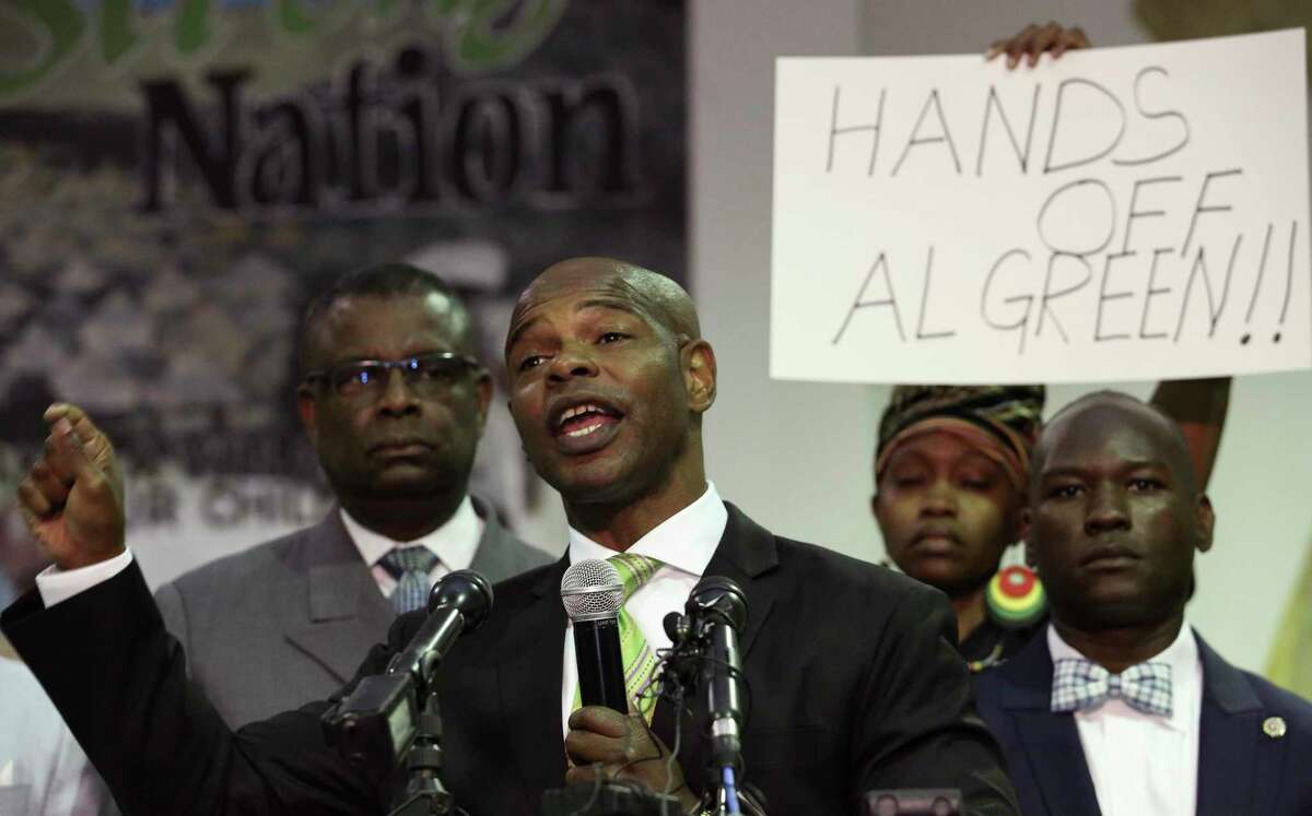 Community activist Deric Muhammad speaks at a news conference addressing prior death threats against U.S. Rep. an Al Green at SHAPE Community Center on Thursday.