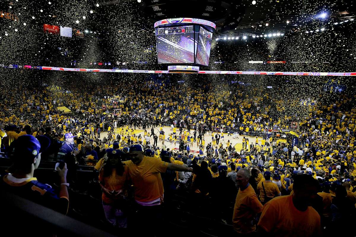 The end of the NBA Finals Game 1 between the Golden State Warriors and the Cleveland Cavaliers on Thursday, June 1, 2017, at Oracle Arena in Oakland, Calif.
