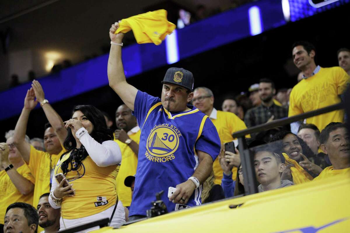 Joey Juarez of Fresno cheers during the first quarter of the NBA Finals Game 1 between the Golden State Warriors and the Cleveland Cavaliers on Thursday, June 1, 2017, at Oracle Arena in Oakland, Calif.