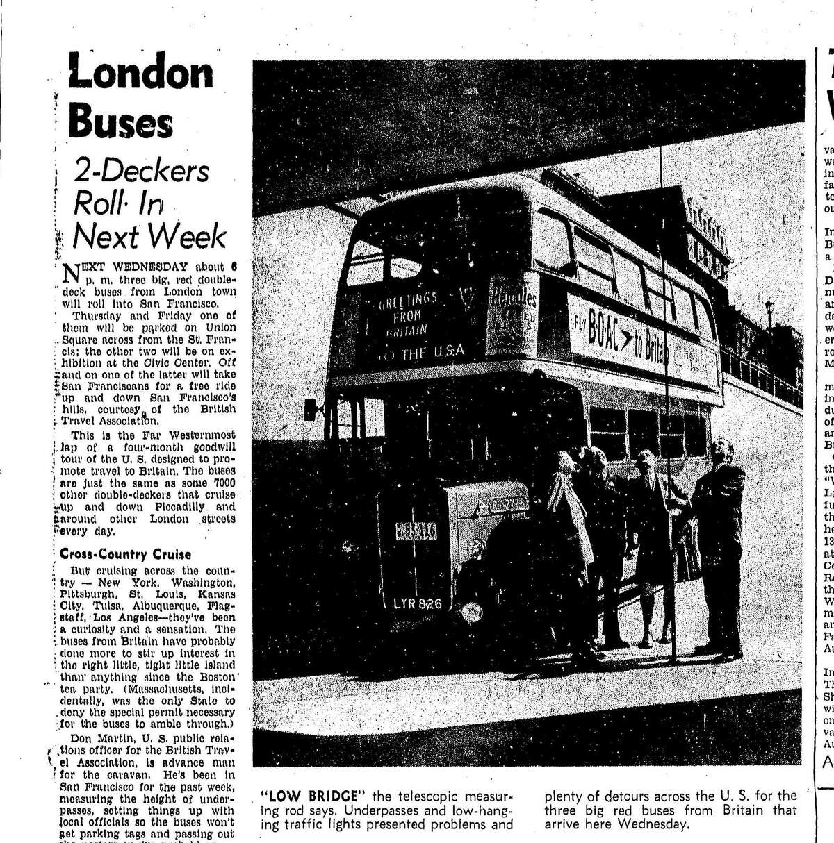 A May 11, 1952 San Francisco Chronicle article on London double-decker buses journey to San Francisco
