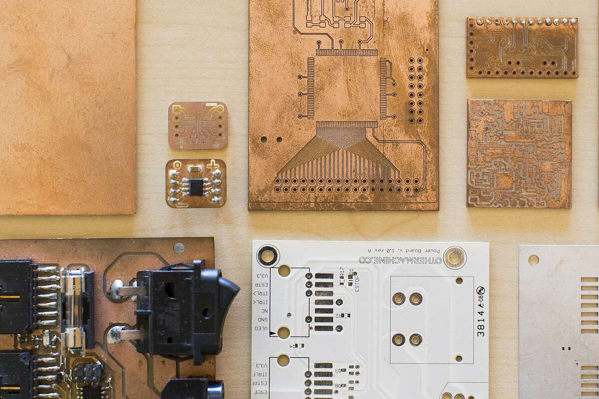 Custom made circuit boards in various stages of design exemplify one of the ability's of Other Machine's desktop CNC milling machine on Friday, June 2, 2017 in Berkeley, Calif.