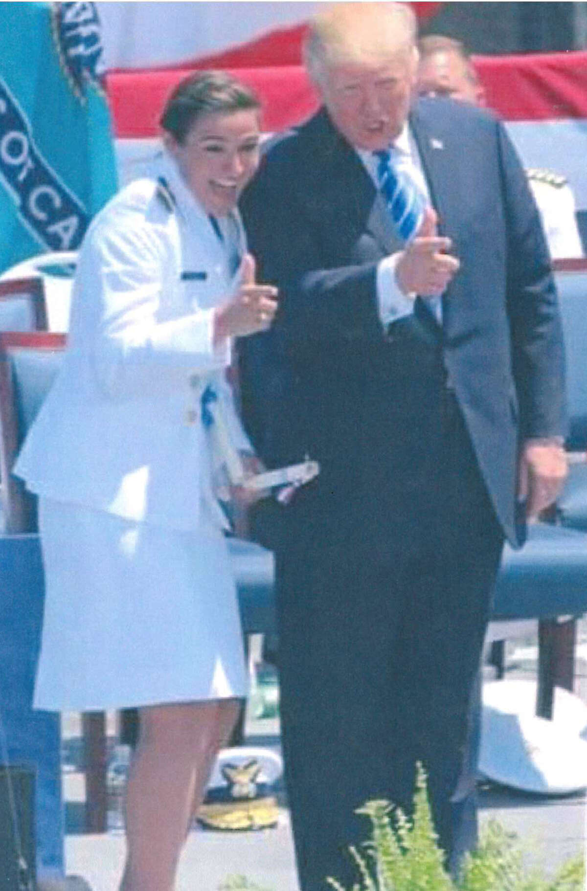 In a scene captured by numerous media outlets and published in newspapers and magazines worldwide, President Donald Trump gestures with newly-commissioned U.S. Coast Guard Ensign Erin Reynolds during the U.S. Coast Guard Academy Commencement Ceremony in New London, Connecticut, on May 17. Reynolds is the daughter of 1982 Plainview High School graduate Mark Reynolds, niece of Judy and Roy Tullis and Andy and Billie Reynolds of Plainview, and granddaughter of Janet Struvey of Slaton.
