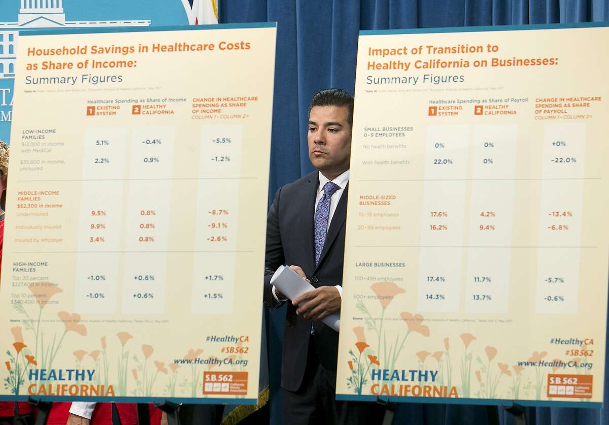 State Sen. Ricardo Lara, D-Bell Gardens, stands between a pair of charts outlining estimated cost savings concerning his single-payer health care bill at a Capitol news conference, Wednesday, May 31, 2017, in Sacramento, Calif. (AP Photo/Rich Pedroncelli)