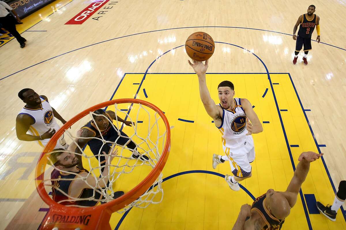 Klay Thompson of the Golden State Warriors goes up for a shot against the Cleveland Cavaliers in Game 1 of the 2017 NBA Finals at ORACLE Arena on June 1, 2017 in Oakland, California.