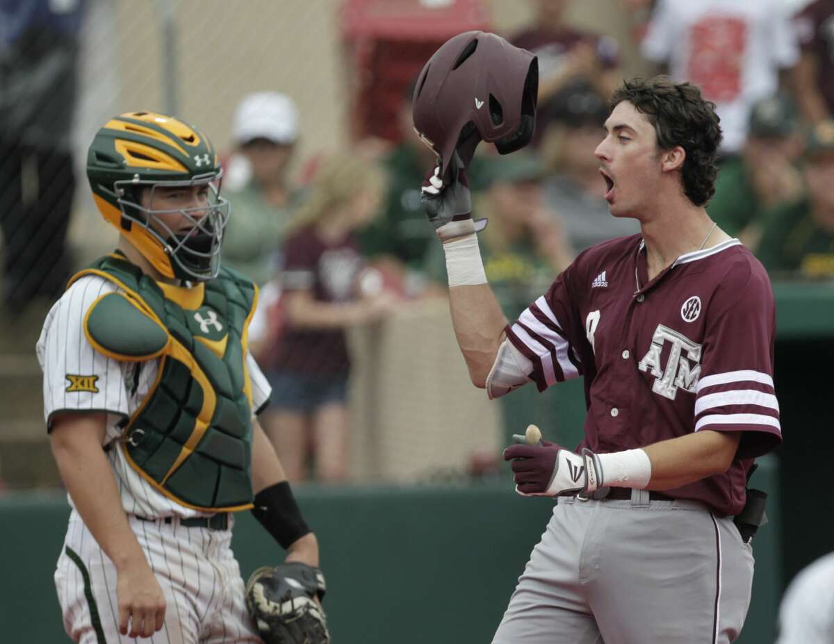 Texas A&M second baseman Braden Shewmake (8) celebrates his two-run homerun during the 2017 NCAA Regional game at Darryl and Lori Schroeder Park Friday, June 2, 2017, in Houston. ( Yi-Chin Lee / Houston Chronicle )