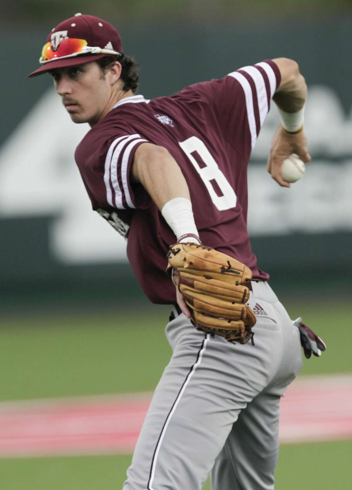 Texas A&M second baseman Braden Shewmake (8) throws the ball to first base to out a Baylor player during the 2017 NCAA Regional game at Darryl and Lori Schroeder Park Friday, June 2, 2017, in Houston. ( Yi-Chin Lee / Houston Chronicle )