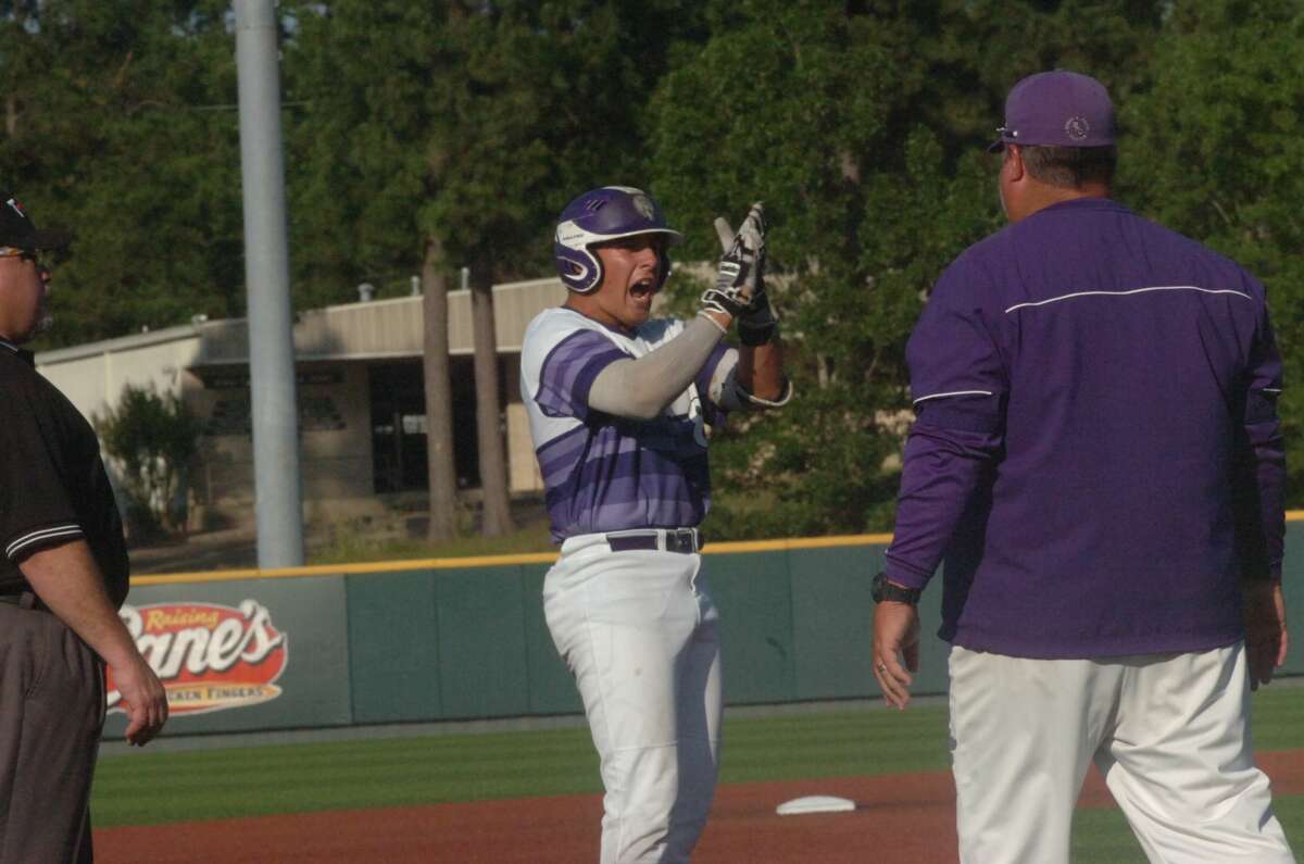 PN-G's Logan LeJeune celebrates after hitting a triple in the first inning of the Indians' Class 5A regional final game against Brenham on Friday at Don Sanders Stadium in Huntsville.