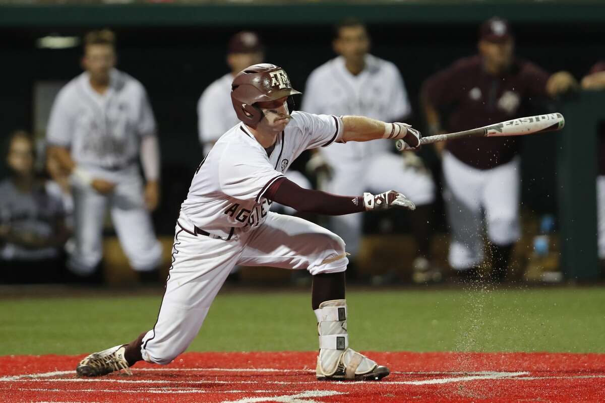 Texas A&M infielder Austin Homan (25) grounds out in the fifth inning during the 2017 NCAA Houston Regional baseball game between the Iowa Hawkeyes and the Texas A&M Aggies at Schroeder Park on Saturday, June 3, 2017, in Houston, TX.