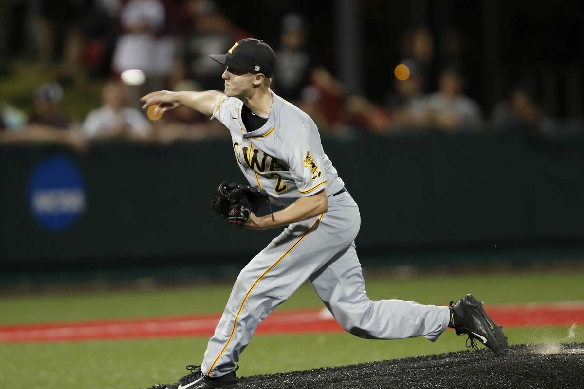 Iowa pitcher Zach Daniels (2) pitches in the eighth inning during the 2017 NCAA Houston Regional baseball game between the Iowa Hawkeyes and the Texas A&M Aggies at Schroeder Park on Saturday, June 3, 2017, in Houston, TX.