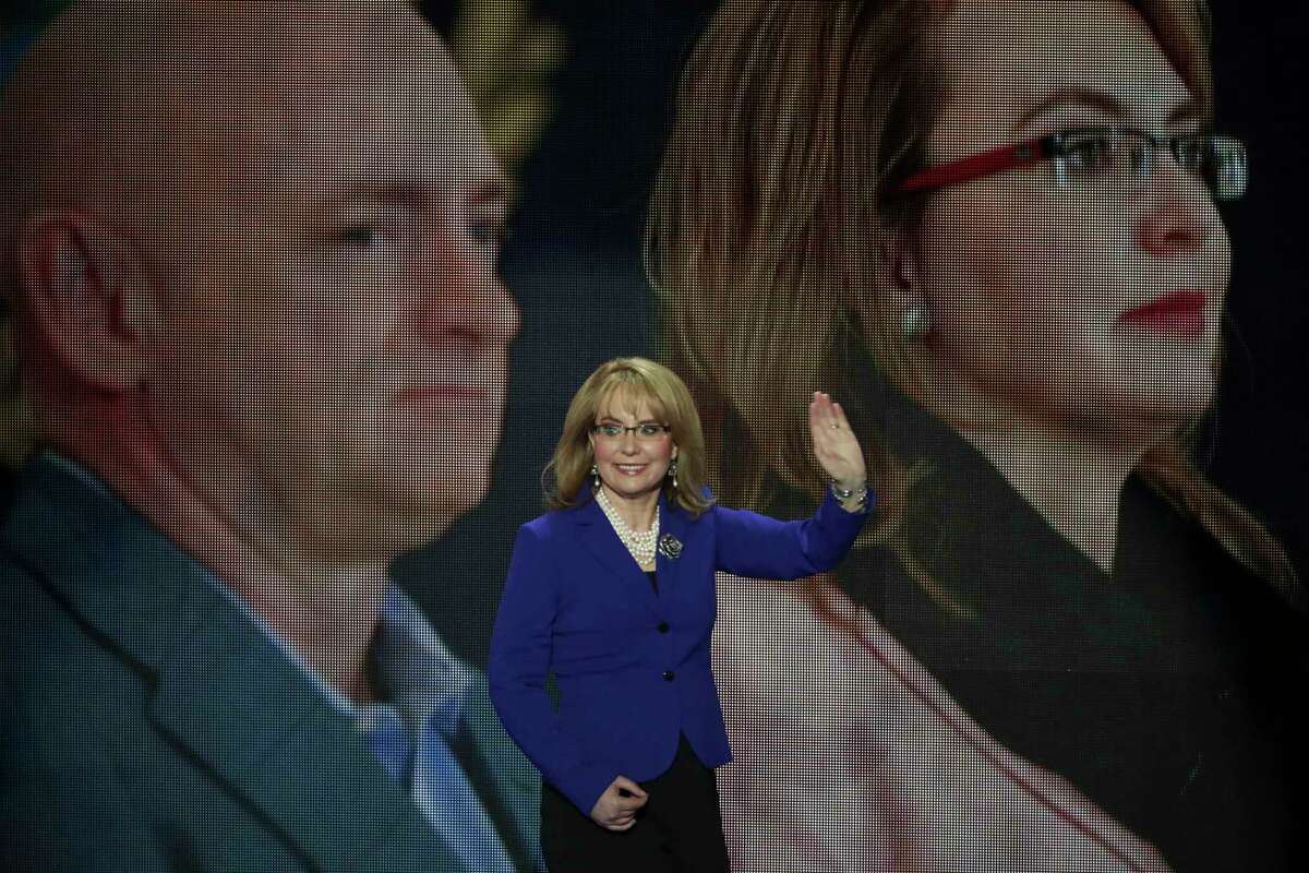 FILE - Former Rep. Gabrielle Giffords of Arizona at the Democratic National Convention at the Wells Fargo Arena in Philadelphia, July 27, 2016. The USS Gabrielle Giffords -- named for Giffords, who survived an assassination attempt -- is to be commissioned next weekend. (Damon Winter/The New York Times)