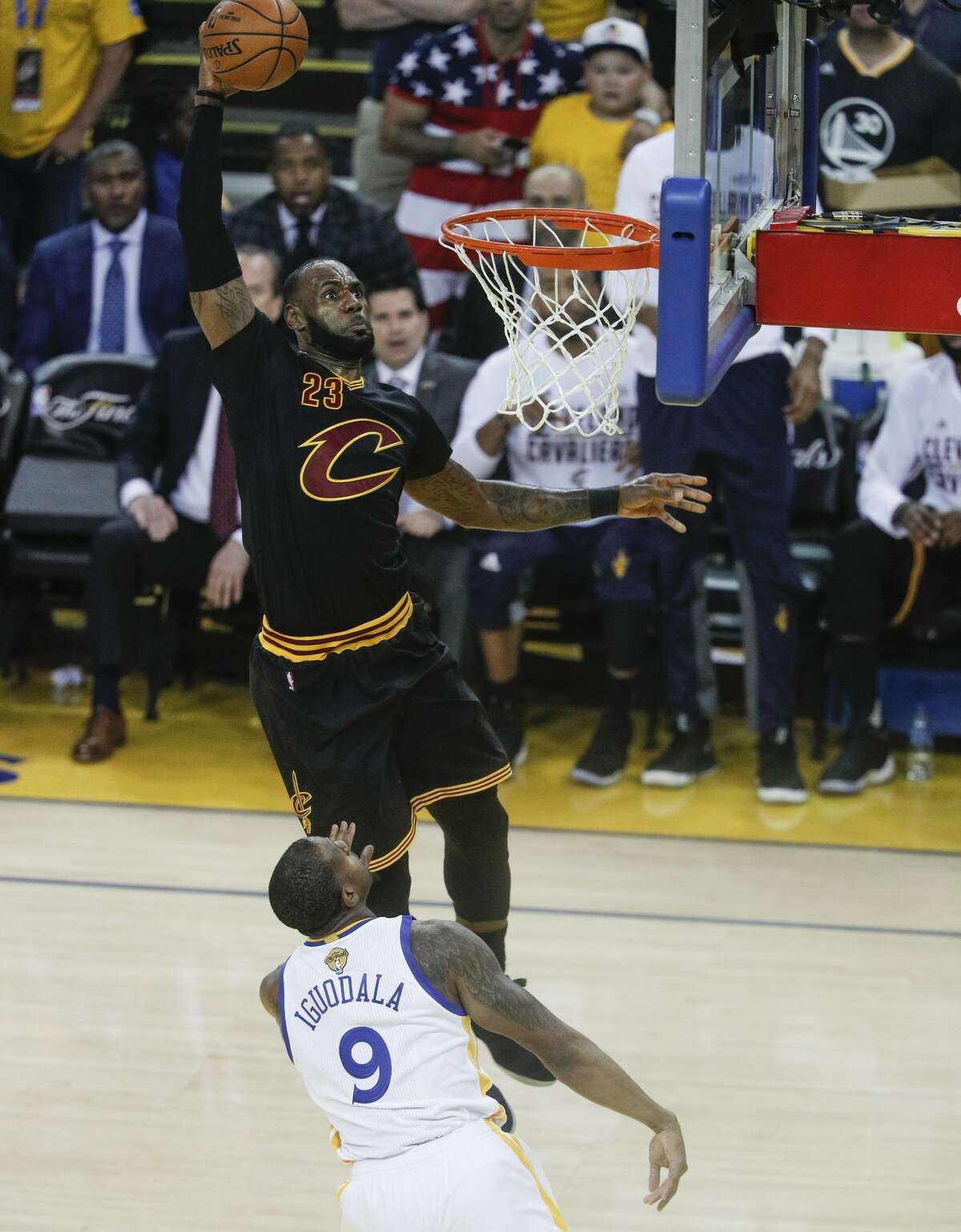 LeBron James, dunking over the Warriors’ Andre Iguodala, had 29 points, 14 assists and 11 rebounds in Game 2 for triple-double, tying Magic Johnson for the record for the most in the NBA Finals with eight.