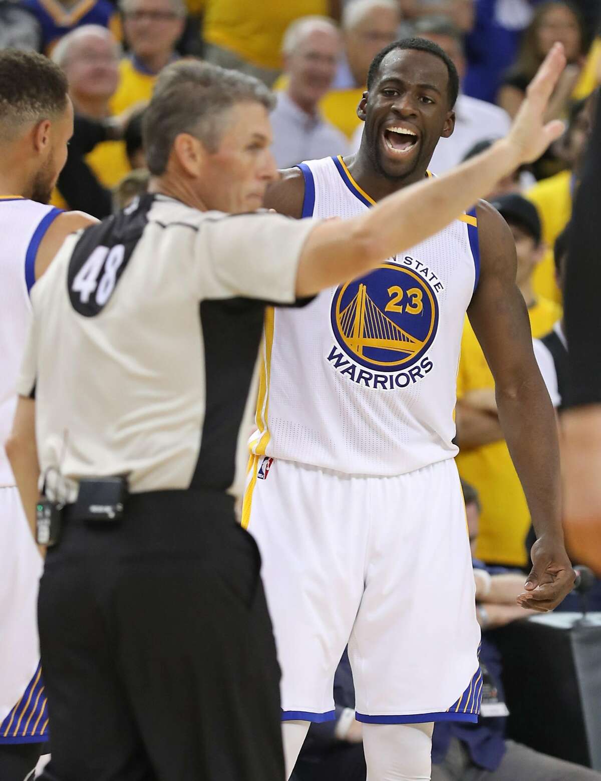 Golden State Warriors' Draymond Green argues a foul call while playing Cleveland Cavaliers in 3rd quarter of Warriors' 132-113 win in Game 2 of NBA Finals at Oracle Arena in Oakland, Calif., on Sunday, June 4, 2017.