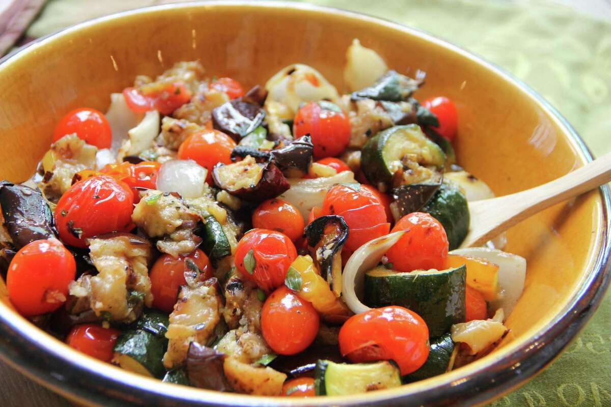 This May 29, 2017 photo shows grilled ratatouille in Coronado, Calif. This dish is from a recipe by Melissa d'Arabian. (Melissa d'Arabian via AP)