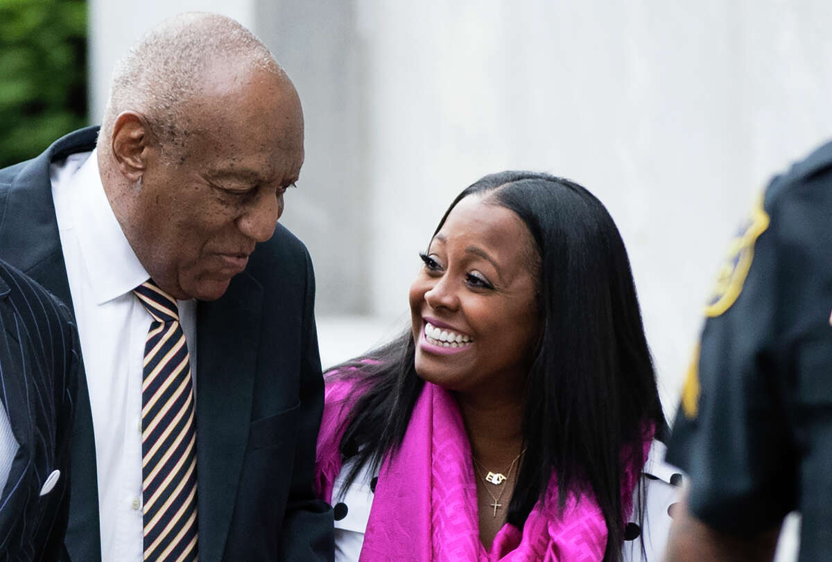 Bill Cosby arrives for his sexual assault trial Monday with actress Keshia Knight Pulliam at the Montgomery County Courthouse in Norristown, Pa. Pulliam played Cosby's youngest daughter, Rudy Huxtable, on "The Cosby Show."