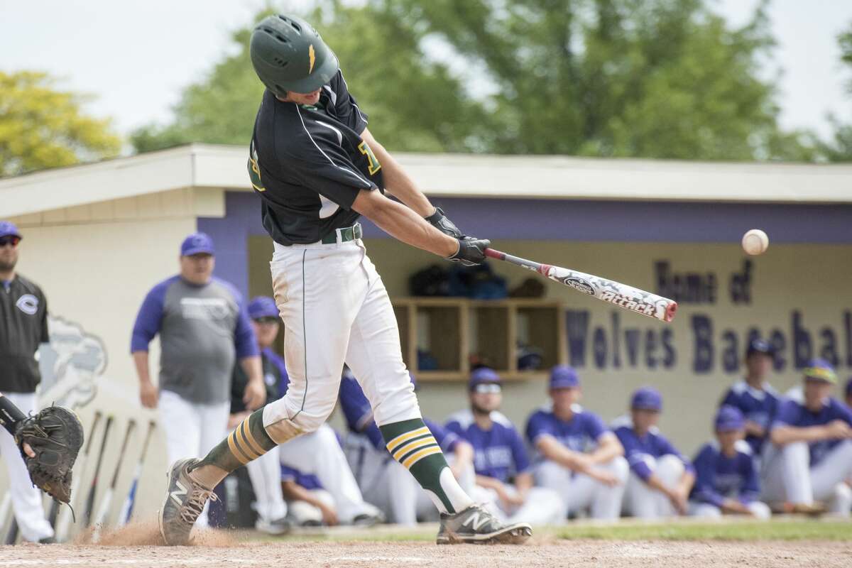 Dow's Caden Skinner hits the ball during the Division 1 district baseball tournament at McGregor Elementary School in Bay City on Saturday. Bay City Central won 3-0.