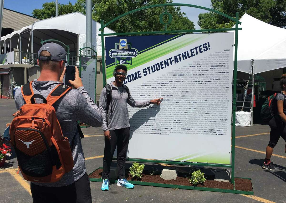 Texas wide receiver and hurdler John Burt poses at the 2017 NCAA Track and Field Championships in Eugene, Oregon.